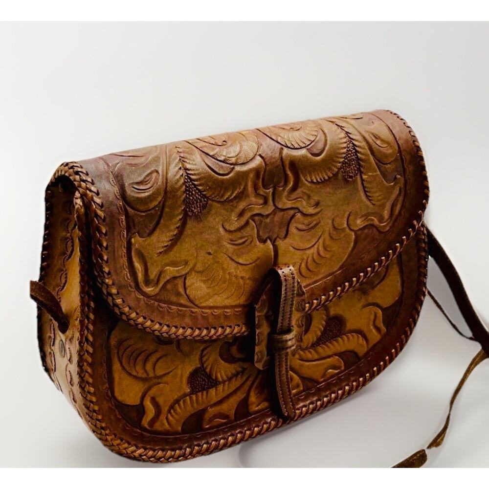 Vintage Tooled Cognac Patina Leather Purse Brown Floral Western Shoulder Bag